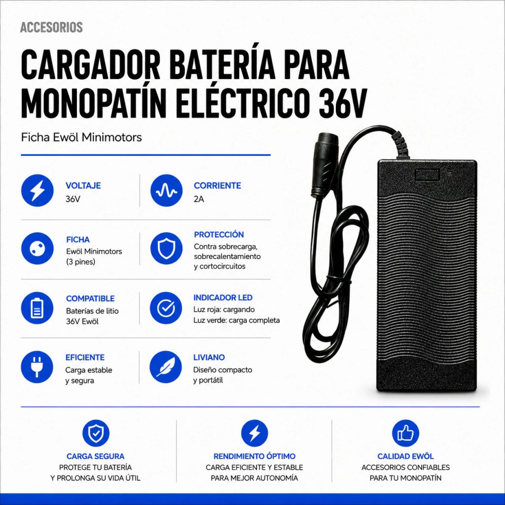 Cargador Batería Para Monopatín Eléctrico 36v - Ficha ewol / Minimotors